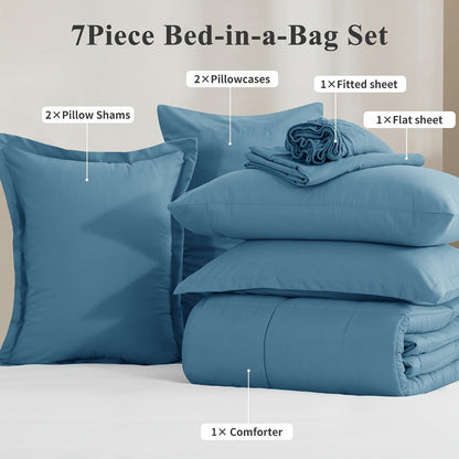 7 Piece Comforter Set Luxury Soft Fluffy Bedding All Season Bed in a Bag with Comforter Fitted Sheet Flat Sheet Pillowcases Hypoallergenic