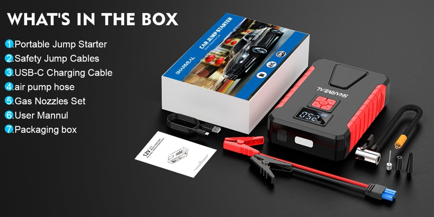 Portable Jump Starter with Air Compressor – 15000A-19000A Peak 350PSI 12V 17-in-1 Car Battery Jump Starter, Digital Display