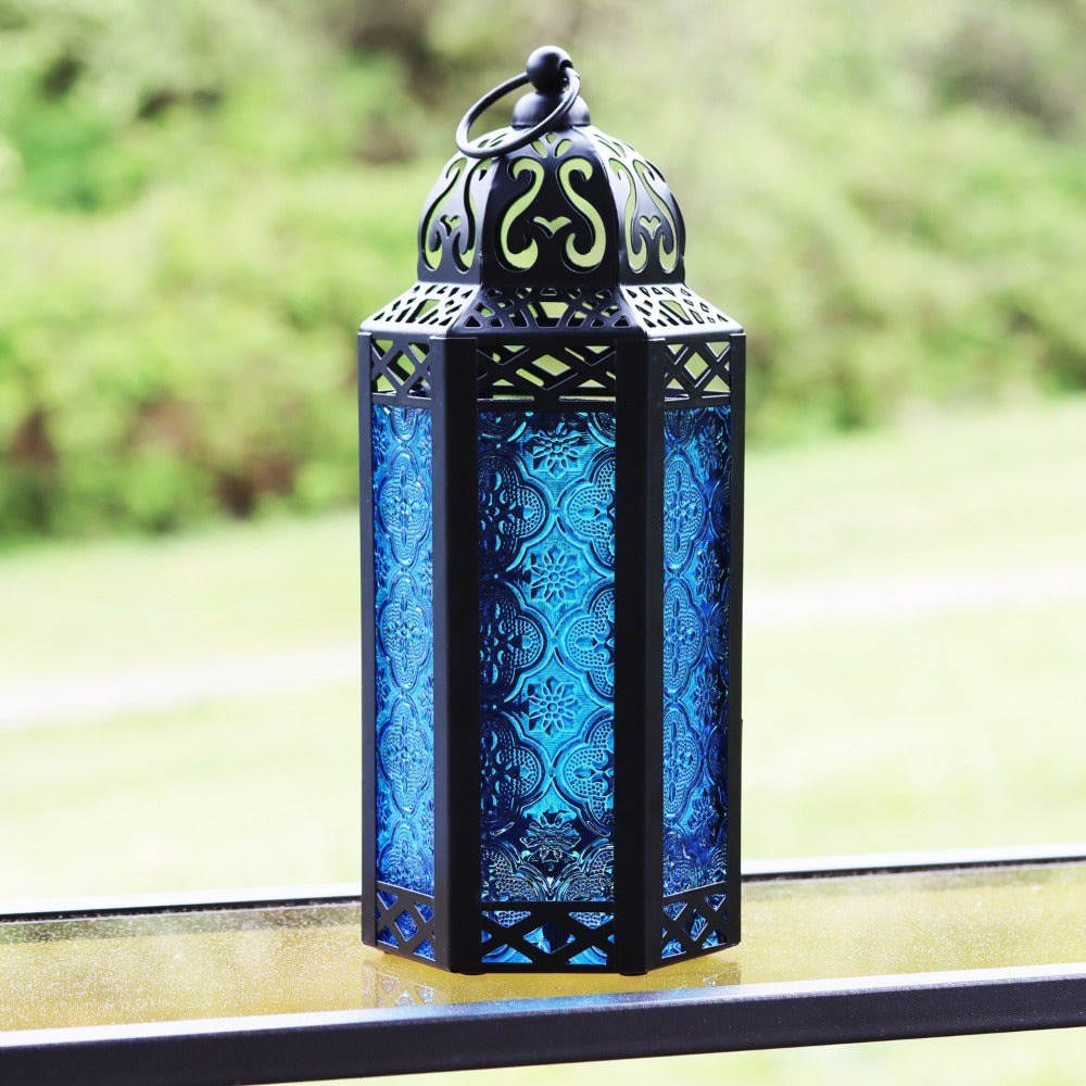 Moroccan Candle Lantern Holder - Decorative Metal & Glass Lantern with Embossed Floral Design for Indoor Home Decor