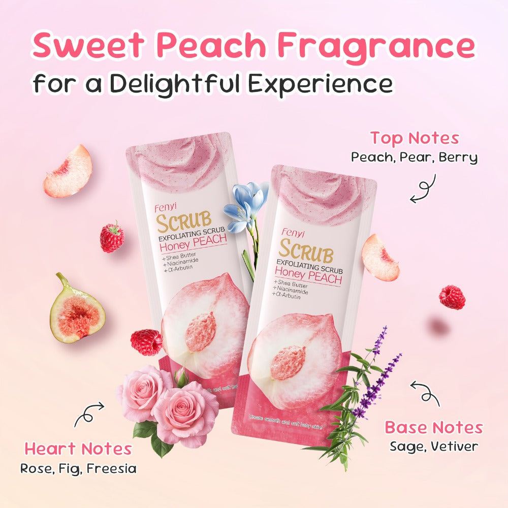 Peach Body Scrub with Jojoba Beads, Fifty 0.11oz Travel Sachets for Foot and Body Care at Home