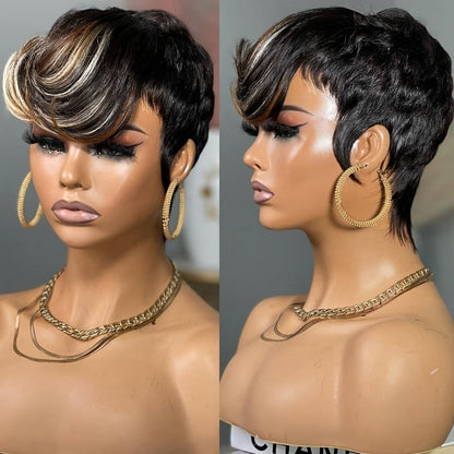Synthetic Wig 4-Inch Layered Pixie with Bangs, Black-Blonde Look and Rose Net Cap for Daily Style