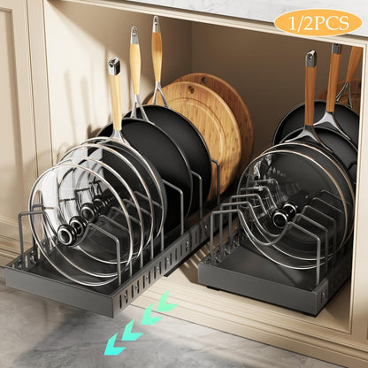 Pull-Out Pot and Pan Lid Rack Cabinet Sliding Storage Organizer – Kitchen Cabinet Slide-Out Box with 8/16 Adjustable Dividers for Lids