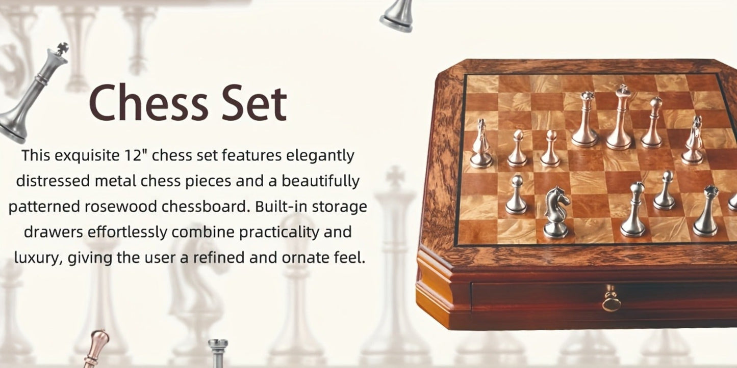 Wooden Chess Set with Metal Pieces & Storage Drawers 12 Inch – 2.5" Kings 2 Extra Queens Vintage Mahogany Board for Adults Beginners
