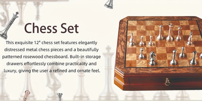 Wooden Chess Set with Metal Pieces & Storage Drawers 12 Inch – 2.5" Kings 2 Extra Queens Vintage Mahogany Board for Adults Beginners