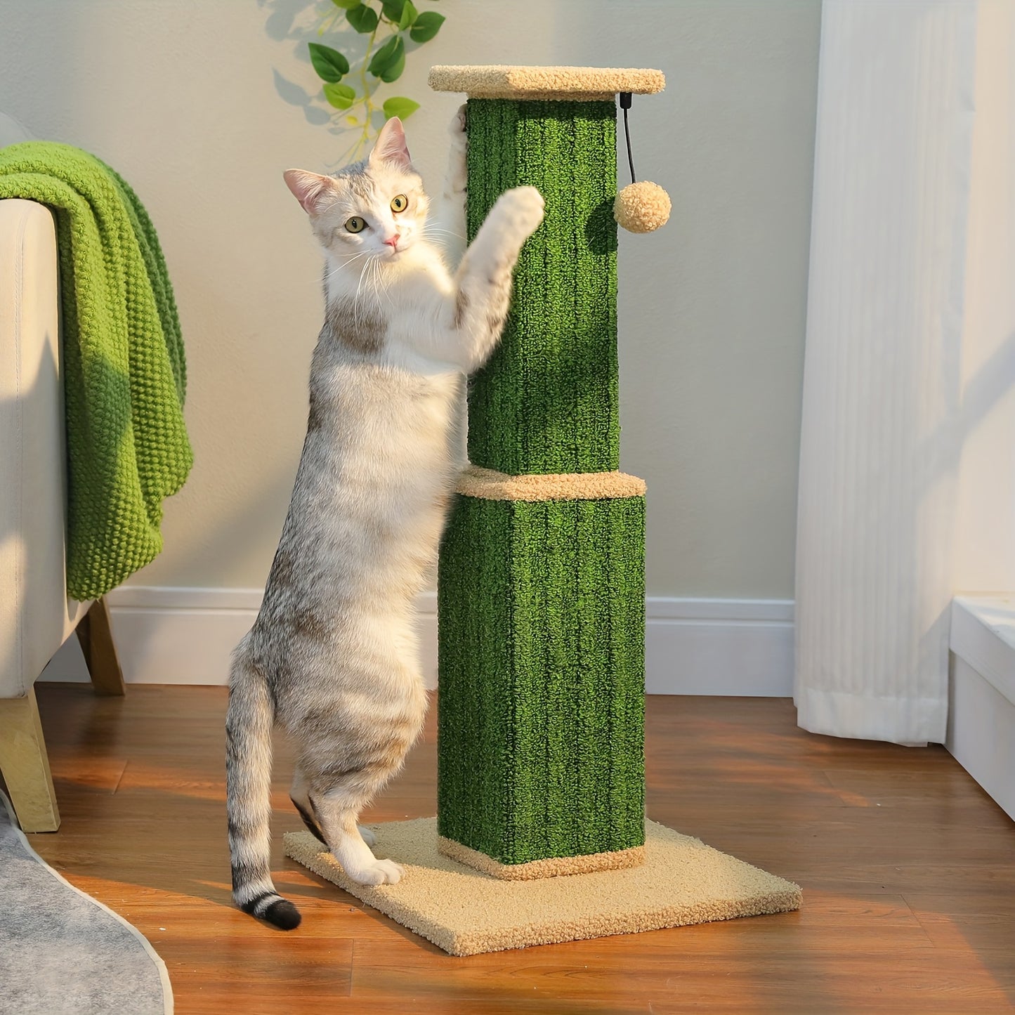 Cat Scratching Post Multi-Tier Sisal Tower for Indoor Cats – 18.9" & 32" Cat Tree with Hanging Ball Toy, Natural Sisal Rope, Sturdy Base