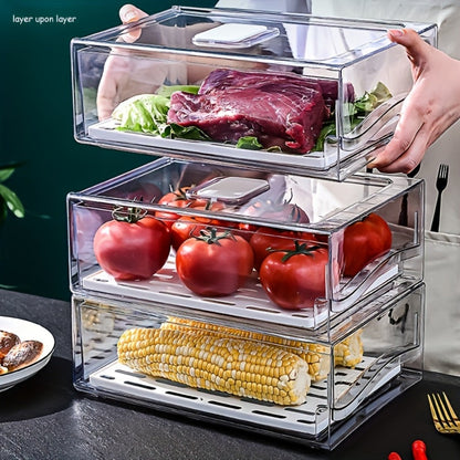 Stackable Fridge Organizer Bins with Drawer, Refrigerator Storage Containers with Drain Board & Ventilation