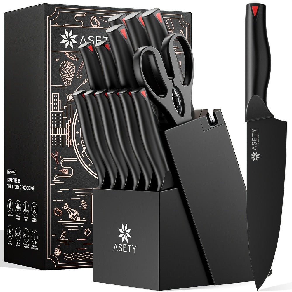 Kitchen Knife Set by ASETY, 15-Piece Stainless Steel Block Set with PP Handles in Two Finish Options