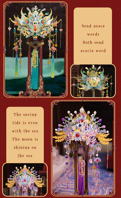 3D Metal Puzzle Phoenix Crown Qingluan – Blue & Gold DIY Assembly with Beads & Tassels, Chinese Mythology Art Collectible
