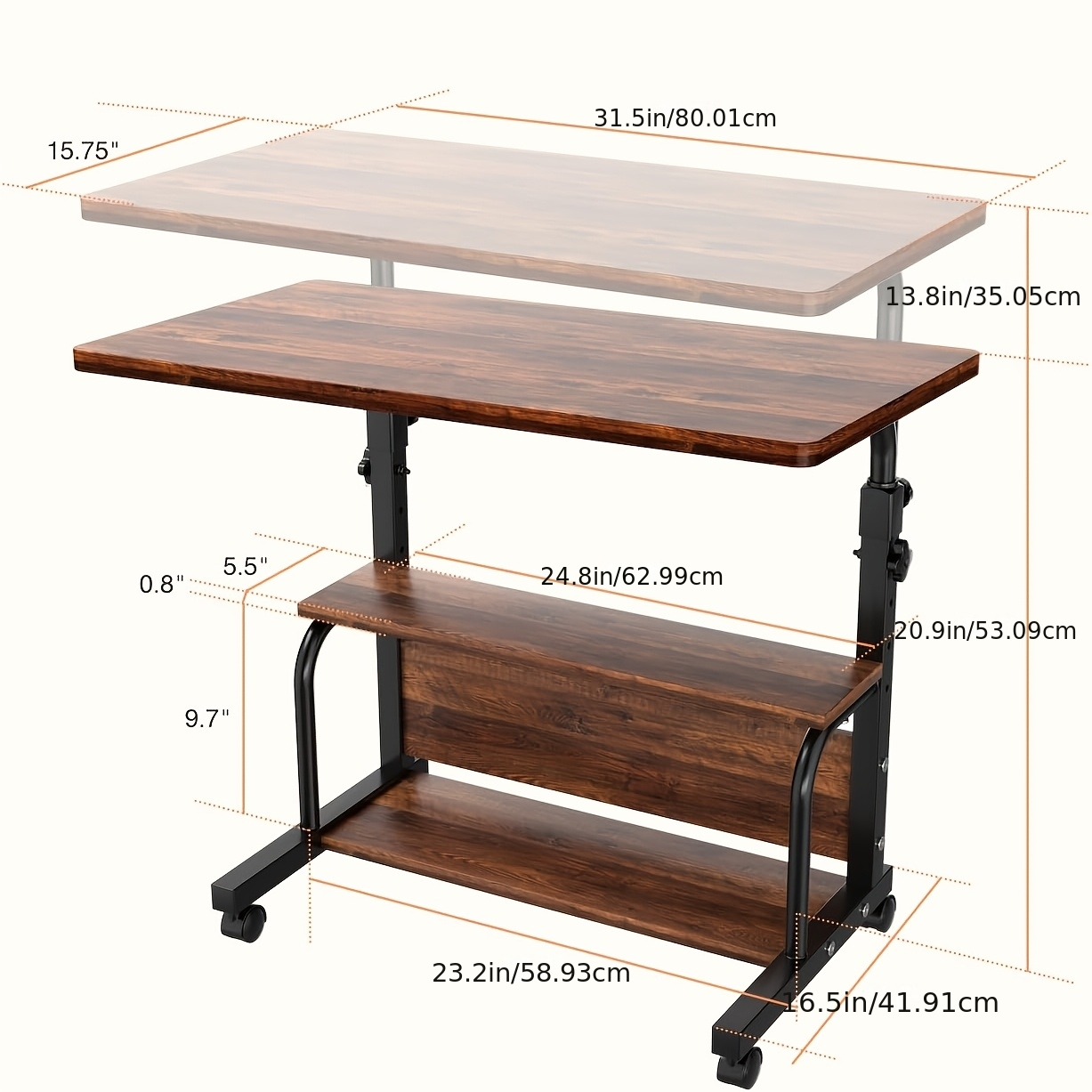 Garden Work Table 31.5" Adjustable Height Mobile Desk with Storage Shelves, Metal Frame, for Patio Outdoor Bedroom Office Potted Plant