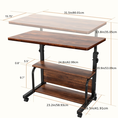 Garden Work Table 31.5" Adjustable Height Mobile Desk with Storage Shelves, Metal Frame, for Patio Outdoor Bedroom Office Potted Plant