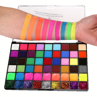 54 Color Face & Body Paint Kit with UV Fluorescent, Matte & Glitter Shades, Pattern Templates, Brushes &