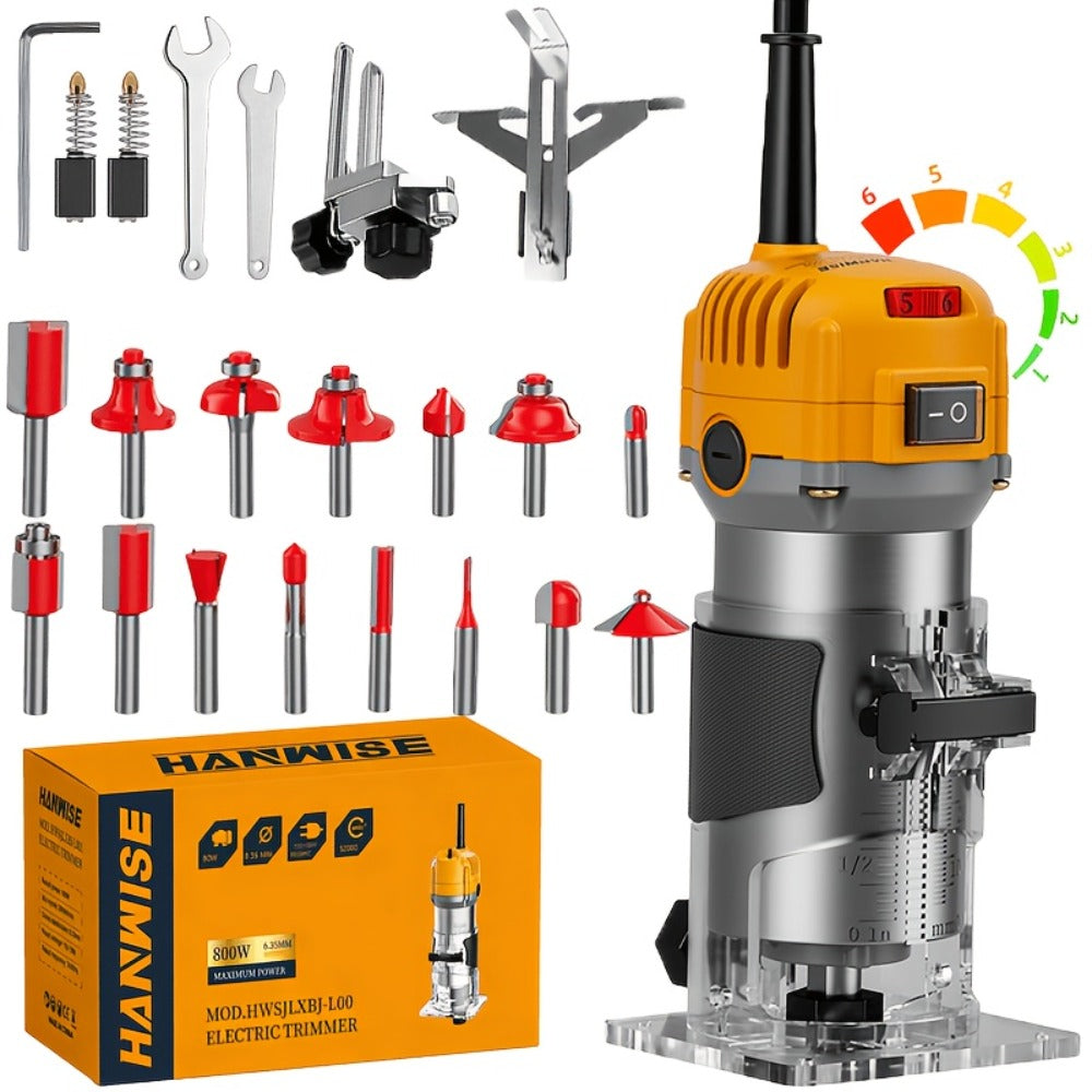 Wood Router Edge Trimmer 800W 6.1Amp Compact Hand Router Tool 35000RPM with Variable Speed, 1/4" Collet