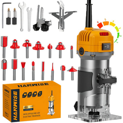 Wood Router Edge Trimmer 800W 6.1Amp Compact Hand Router Tool 35000RPM with Variable Speed, 1/4" Collet