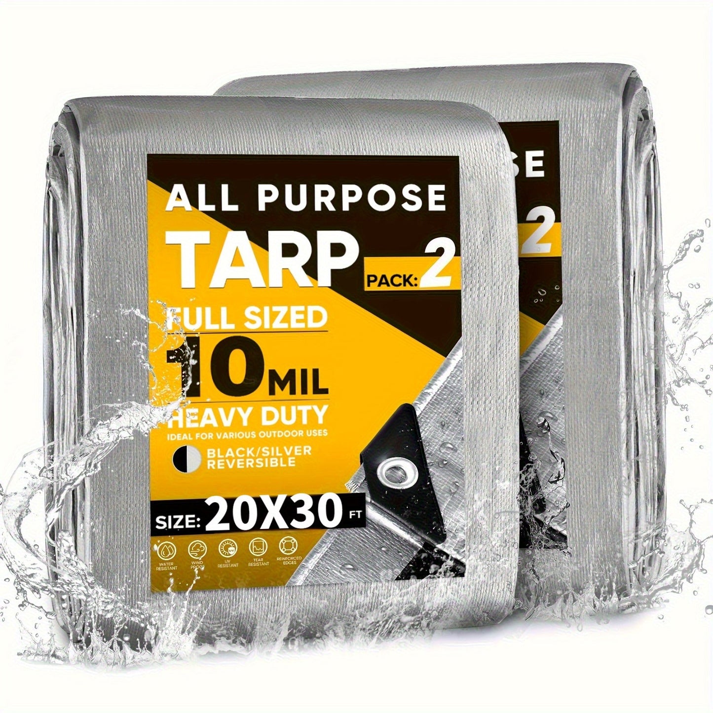Tarp 2-Pack 10Mil 150GSM Black Silver, Tear-Proof Polyethylene Cover with Reinforced Grommets for Roof Pool Boat Car Camping & Outdoor