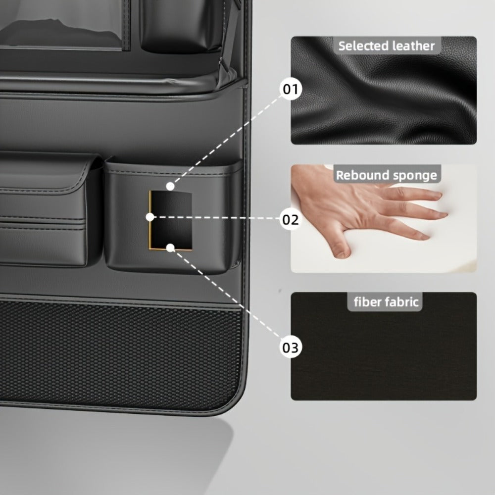 Seatback Car Organizer with Fold-Down Tray, Cup Recesses, Tissue Opening and One- or Two-Piece Packs