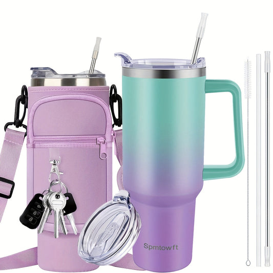 Handled 40oz Stainless Steel Tumbler with Straw Lid, Tapered Base and Five Color Options for Daily Use