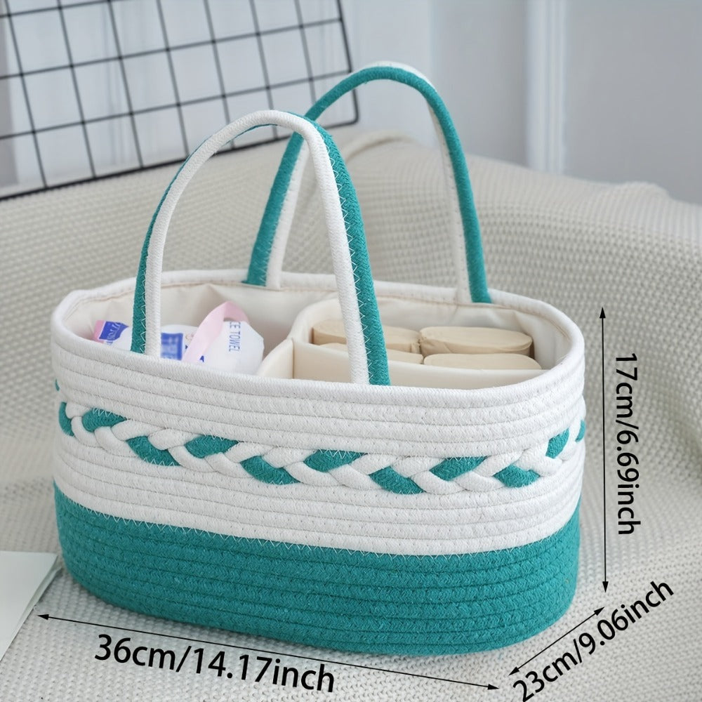 Oval Woven Rope Storage Basket, 14.17 x 9.06 x 6.69 Inches with Braided Handles and Divided Liner