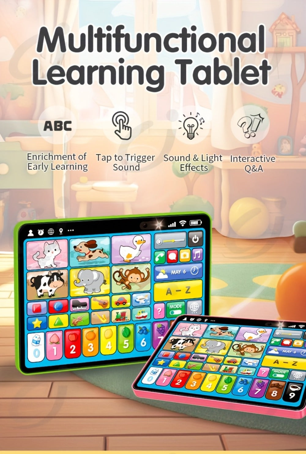 Trilingual Toddler Learning Tablet Toy, 39 Buttons 4 Play Modes Alphabet Numbers Colors Animals Music