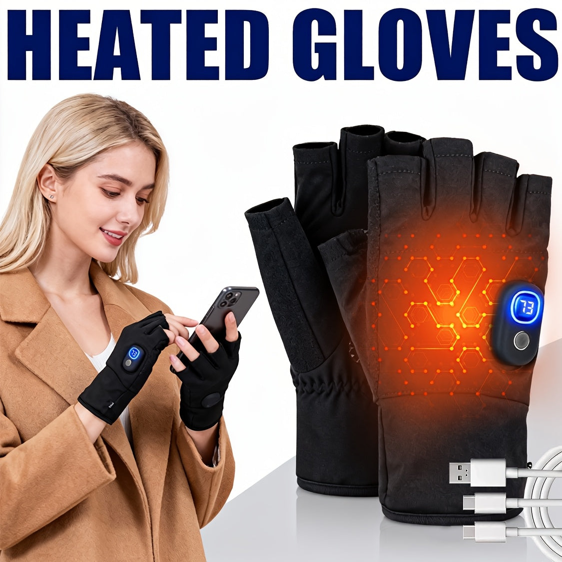 Half-Finger Heated Gloves with Digital Power Display, Three Heat Levels, USB-C Charging and One- or Two-Pair Options
