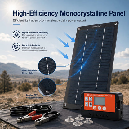 Slim Monocrystalline Solar Charging Panel Kit with Orange Controller, Clip Leads and Suction Cups
