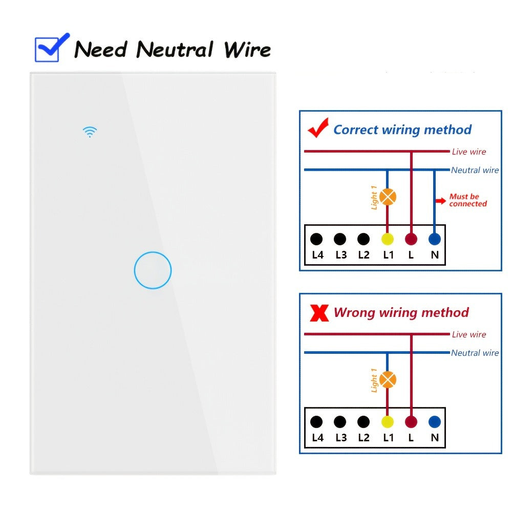 White Glass WiFi and Bluetooth Touch Wall Switch with One- to Four-Gang US-Style Options and Neutral-Wire Wiring