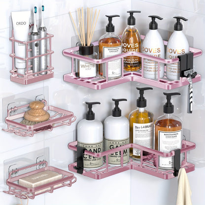 Corner Shower Caddy 5 Pack with Soap Holder & 4 Removable Hooks – Rustproof No Drill Shower Shelf Organizer for Inside Shower