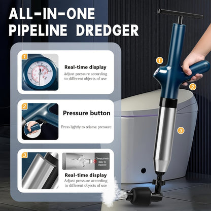 Toilet Plunger Set High Pressure Air Drain Unclogger - Stainless Steel Toilet Snake & Air Discharge Impactor for Clogged Toilet