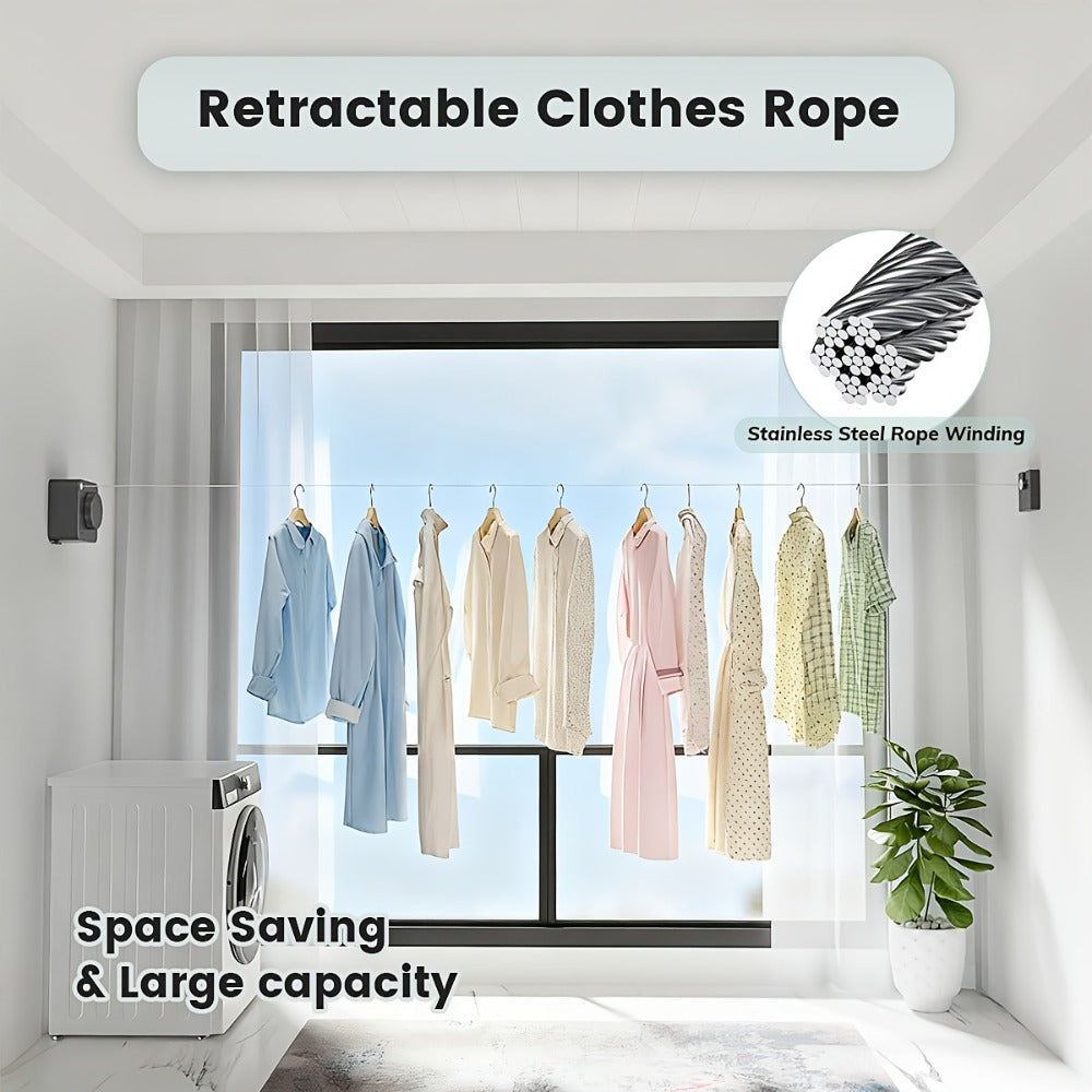 Retractable Clothesline Wall Mounted Stainless Steel Non-Sagging Indoor Outdoor Laundry Drying Line 15.1 Ft