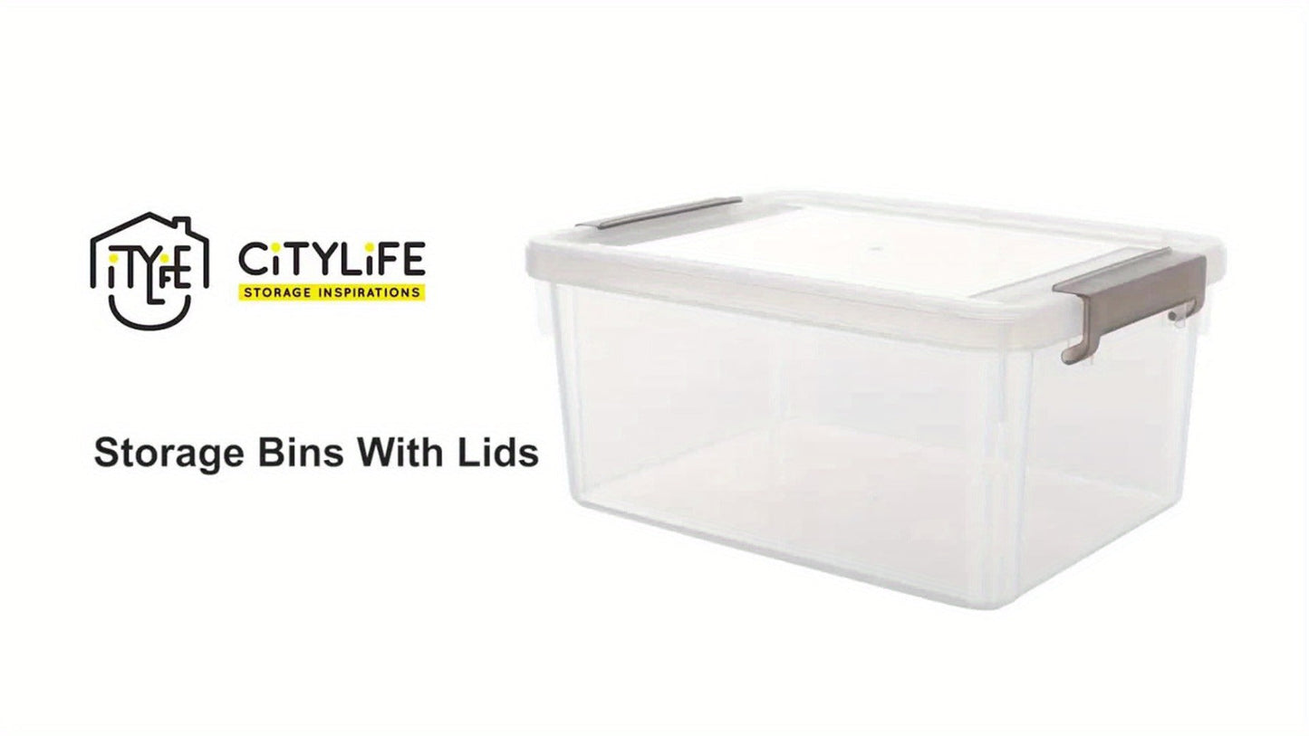 Six-Piece 16.9-Quart Clear Stackable Storage Box Set with Gray Latching Lids and 15.94-Inch Tops