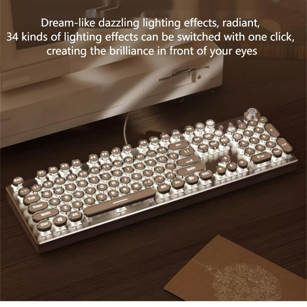Steampunk Typewriter Mechanical Keyboard with Blue Switches – Retro Old-Fashioned USB Wired Gaming & Office Keyboard for Desktop Laptop PC