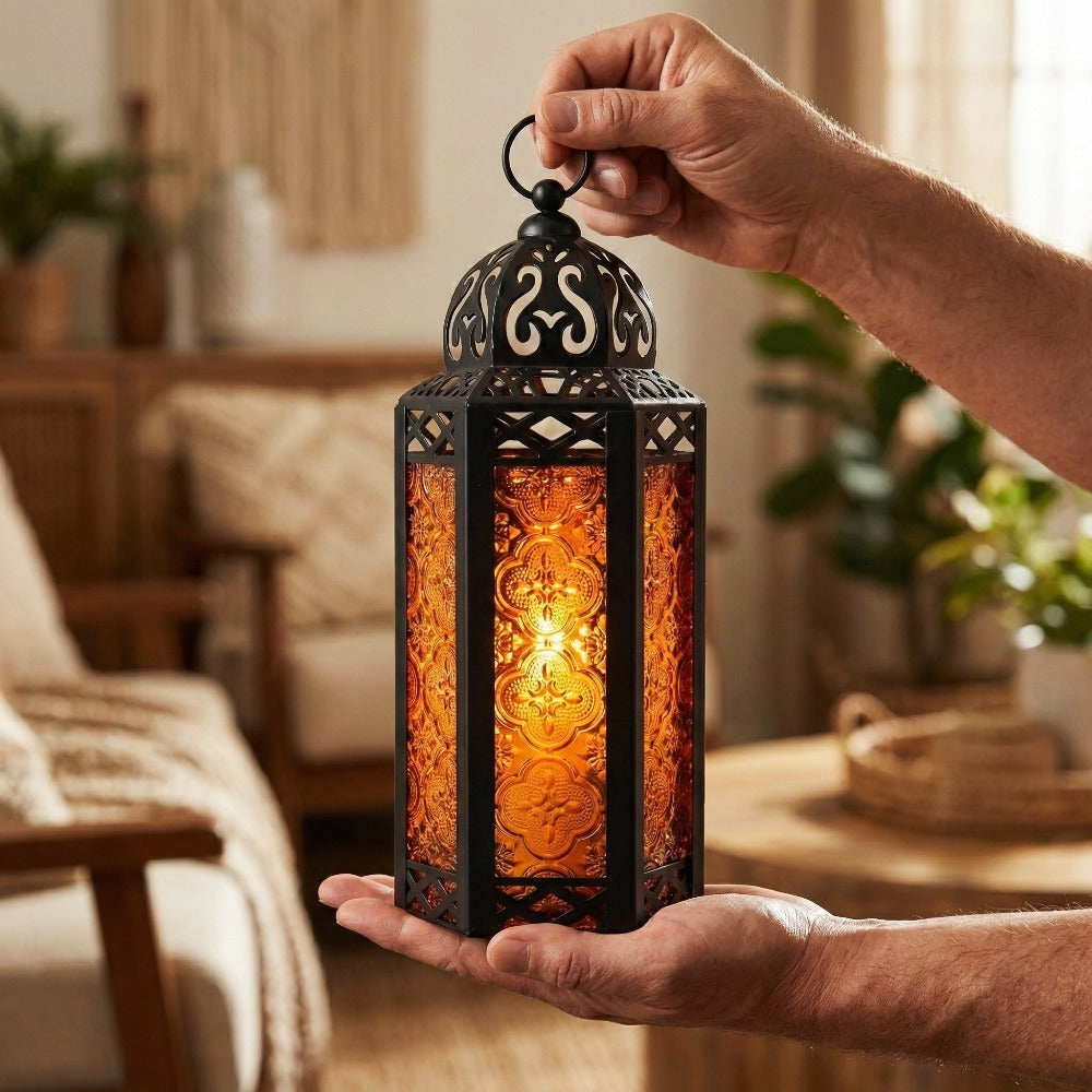 Moroccan Candle Lantern Holder - Decorative Metal & Glass Lantern with Embossed Floral Design for Indoor Home Decor