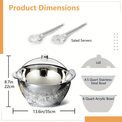 Stainless Steel Ice Chiller Salad Bowl with Lid and Serving Spoons – Large Refrigerated Veggie Fruit Tray with Ice Chiller Base for Party