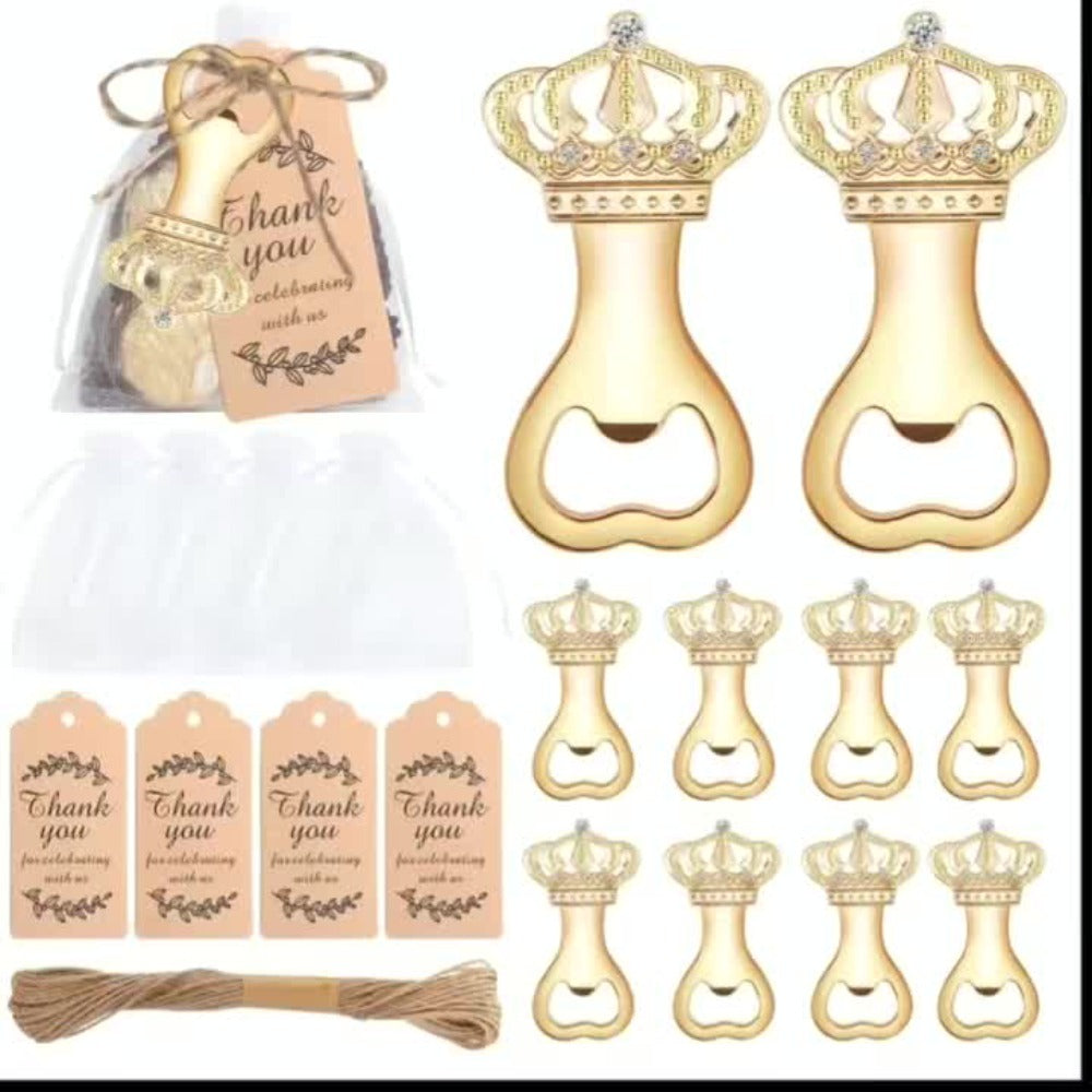 Crown Bottle Opener Wedding Favors, 10 Sets with Organza Bags, Thank You Tags and Twine for Bridal Showers and Guest Gifts