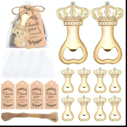 Crown Bottle Opener Wedding Favors, 10 Sets with Organza Bags, Thank You Tags and Twine for Bridal Showers and Guest Gifts