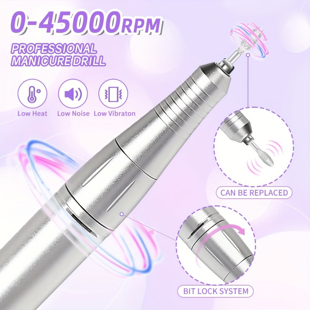 Electric Nail Drill 45000 RPM Rechargeable Kit with LCD Display and V6 Pink or White Options