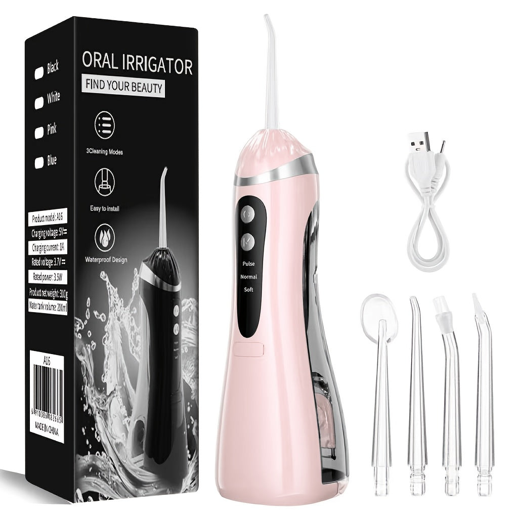 Water Flosser Portable Three-Mode Oral Irrigator with Brush Head Attachment, USB Charging and White, Black or Pink Options