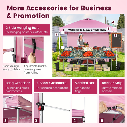 Pink 10x10ft Commercial Pop-Up Canopy Tent with Sidewall, Hanging Bars, Crossbars and Banner Strip