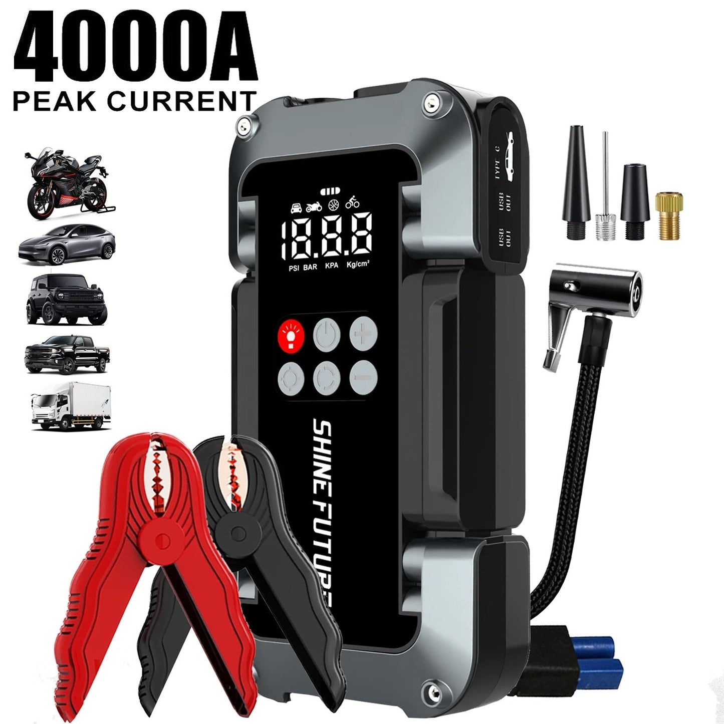 Portable Jump Starter Kit 4000A Peak 6-in-1 Battery Booster with Tire Inflator Power Bank Lithium for Garden, Patio and Yard Use