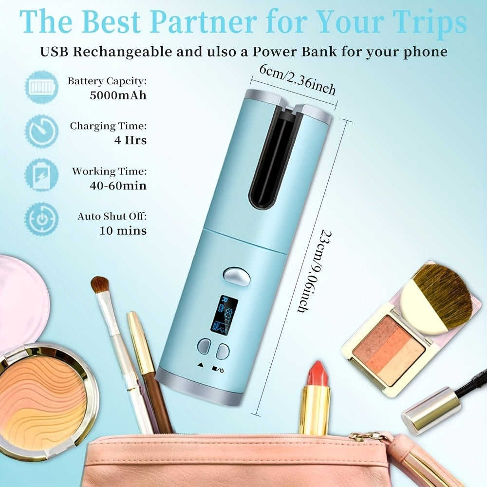 USB-Rechargeable Automatic Curling Chamber with Six Heat Settings, LCD Timer and Four Color Options