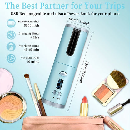 USB-Rechargeable Automatic Curling Chamber with Six Heat Settings, LCD Timer and Four Color Options