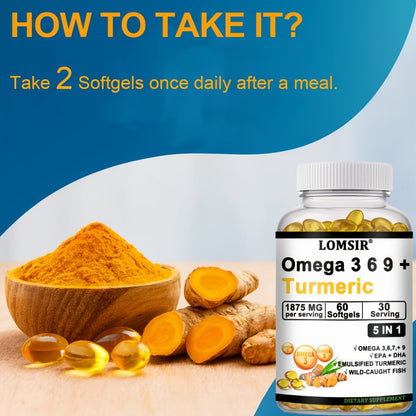 Omega 3-6-9 & Turmeric Softgels with DHA & EPA, Wild Fish Oil Blend, Emulsified Turmeric for Heart