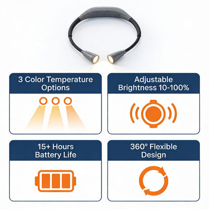 LED Neck Reading Light USB Rechargeable, 3 Color Modes Adjustable Brightness Hands-Free Book Light for Reading in Bed
