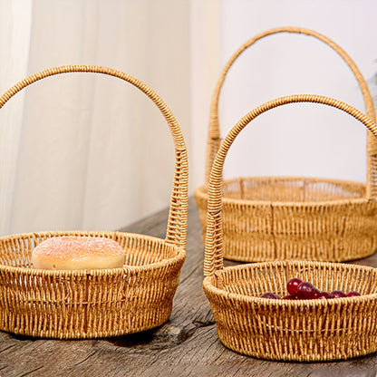 Rattan-Look Plastic Woven Carry Basket with Tall Handle in Small, Medium and Large Size Options