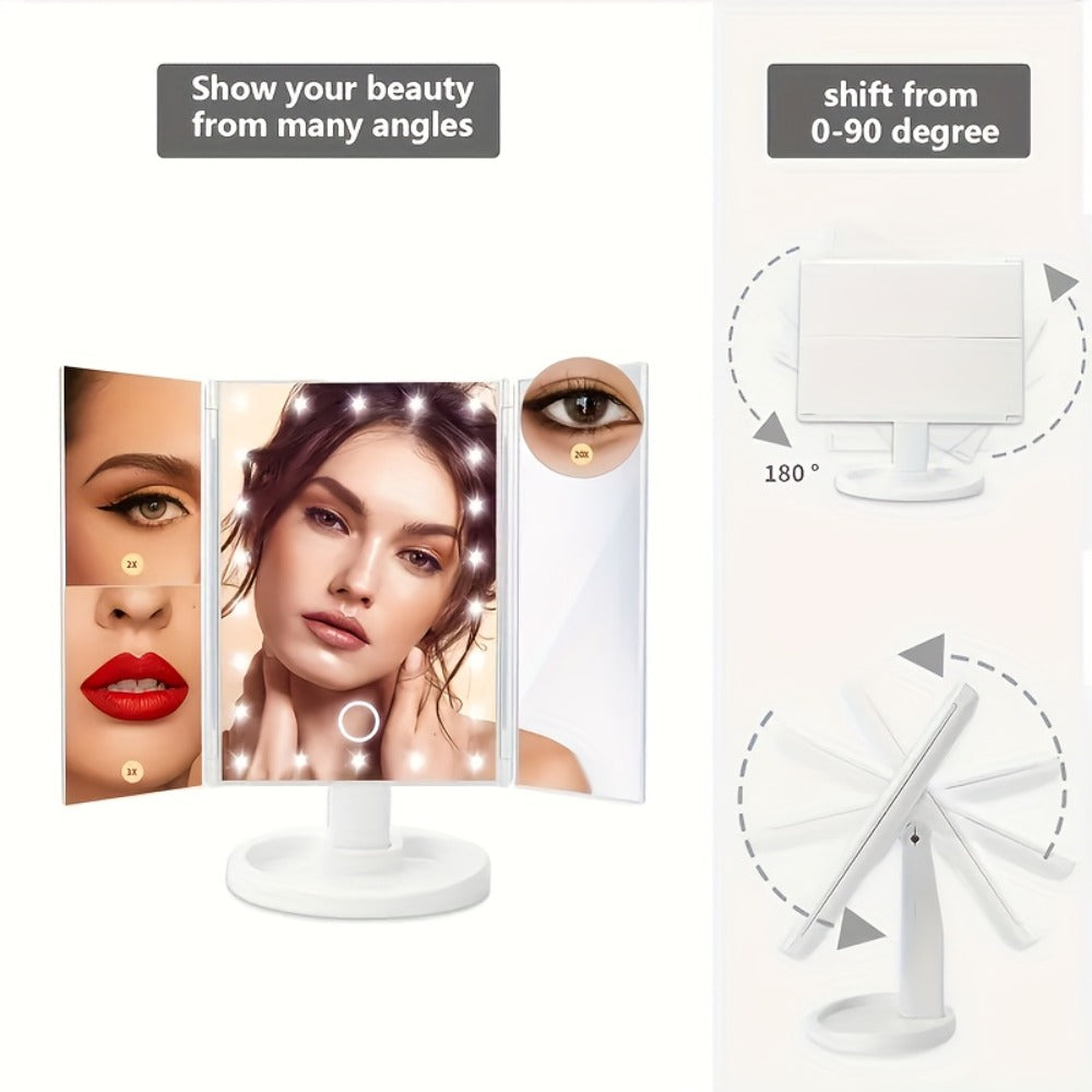 Vanity Mirror with Lights Tri-Fold 21 LED Lighted Makeup Mirror Touch Control 1X 2X 3X 10X Magnification 360 Rotation Dual Power Tabletop