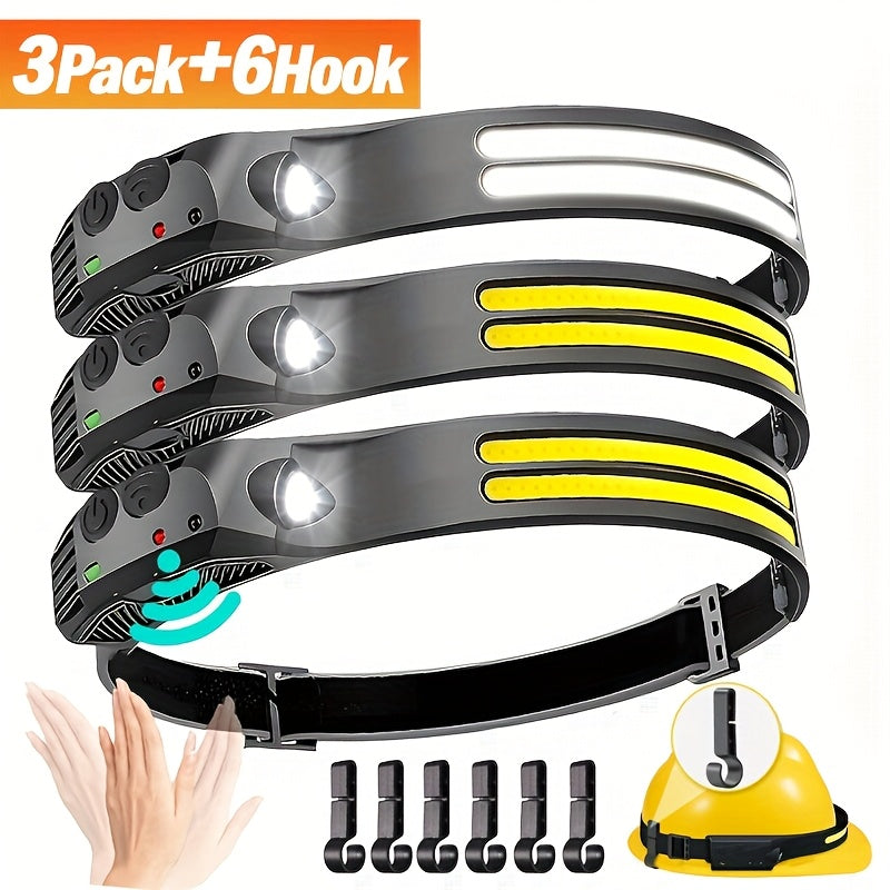 Three-Pack COB and LED Headlamps with 230° Beam, Five Modes, Motion Sensor and Six Hooks Included
