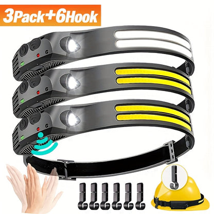 Three-Pack COB and LED Headlamps with 230° Beam, Five Modes, Motion Sensor and Six Hooks Included