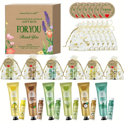 Bridal Shower Favor Set with 24 Hand Creams, Lip Balms, Thank You Cards and Heart Gift Bags