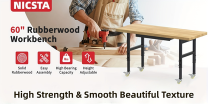 Wood-Top Rolling Workbench in 48, 60 or 70-Inch Lengths with Drawer and No-Drawer Checkout Options
