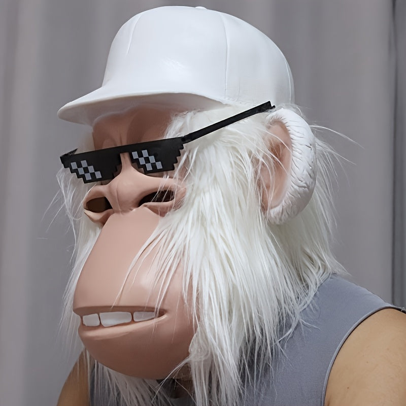 White-Haired Cartoon Ape Full-Head Costume Mask with White Cap and Pixel-Style Glasses in Two Face Styles