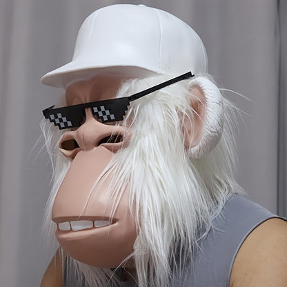 White-Haired Cartoon Ape Full-Head Costume Mask with White Cap and Pixel-Style Glasses in Two Face Styles